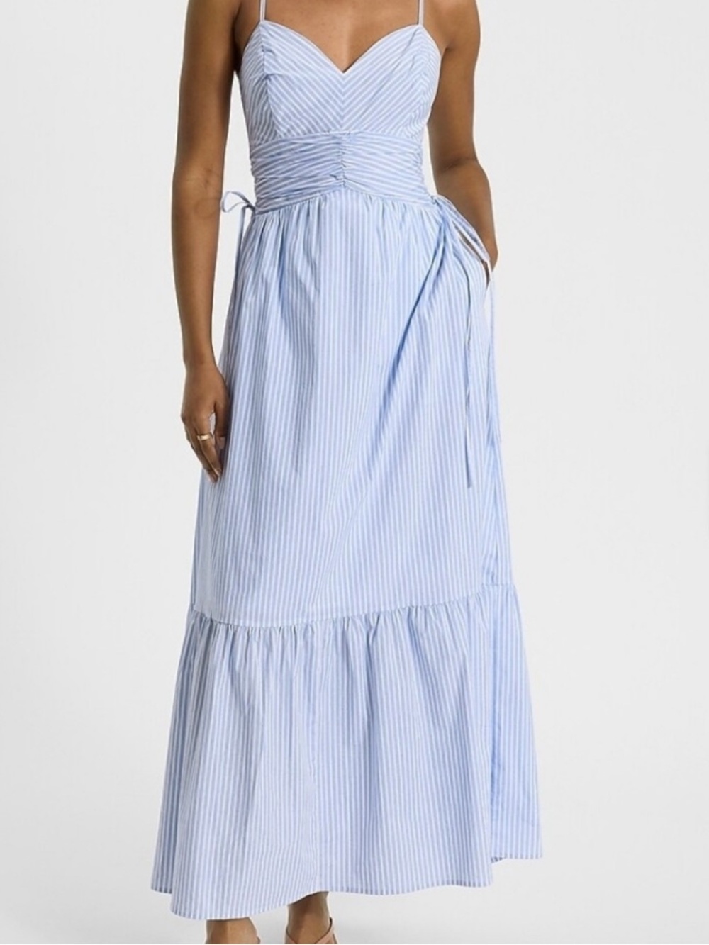 Express Light Blue & White Striped Maxi Dress with Tie Waist